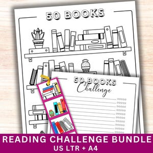 Reading Tracker, 50 Book Challenge List, Coloring Bookmark Journal Bundle, Books Lover Gifts, Printable To Read Template, Instant Download