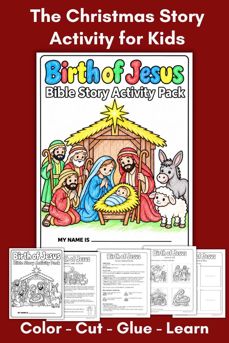 Birth of Jesus Activity Pack for Kids, Christmas Bible Lesson, Color ...