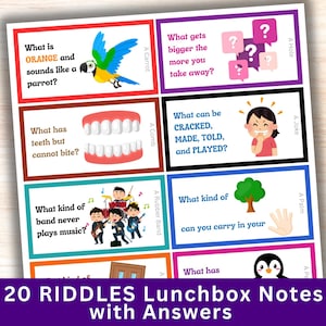 Rätsel für Kinder Lunchbox Notizen mit Lösungen, Lunchbox Grußkarten für Schule, Kindertagesstätte, Homeschool-Kinder, Schulanfang-Printables