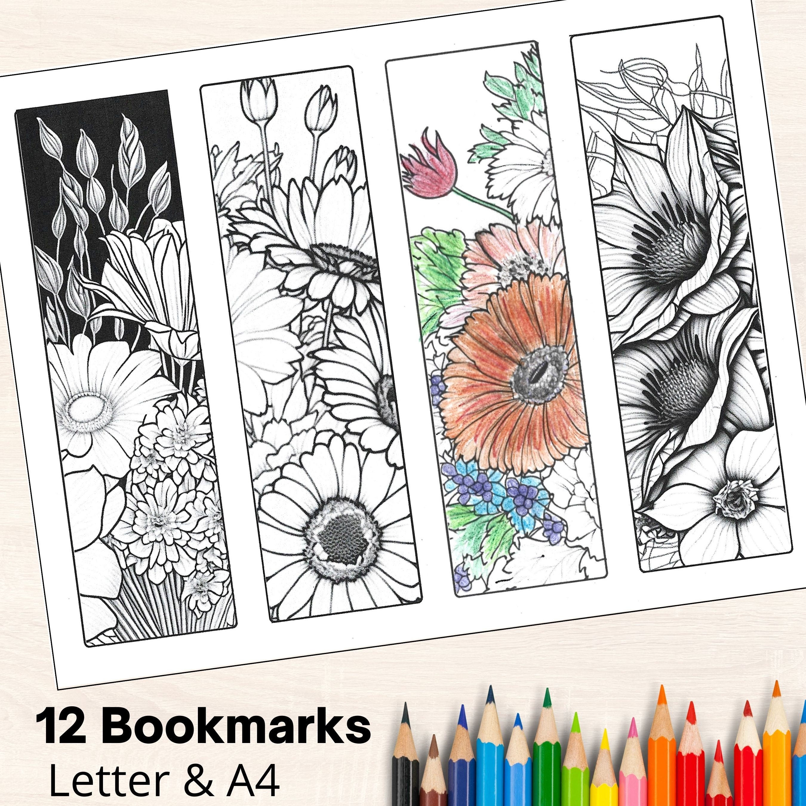 Printable Bookmarks to Color FLOWERS 12 Floral Coloring Bookmarks Page for Adults Teens Color ...