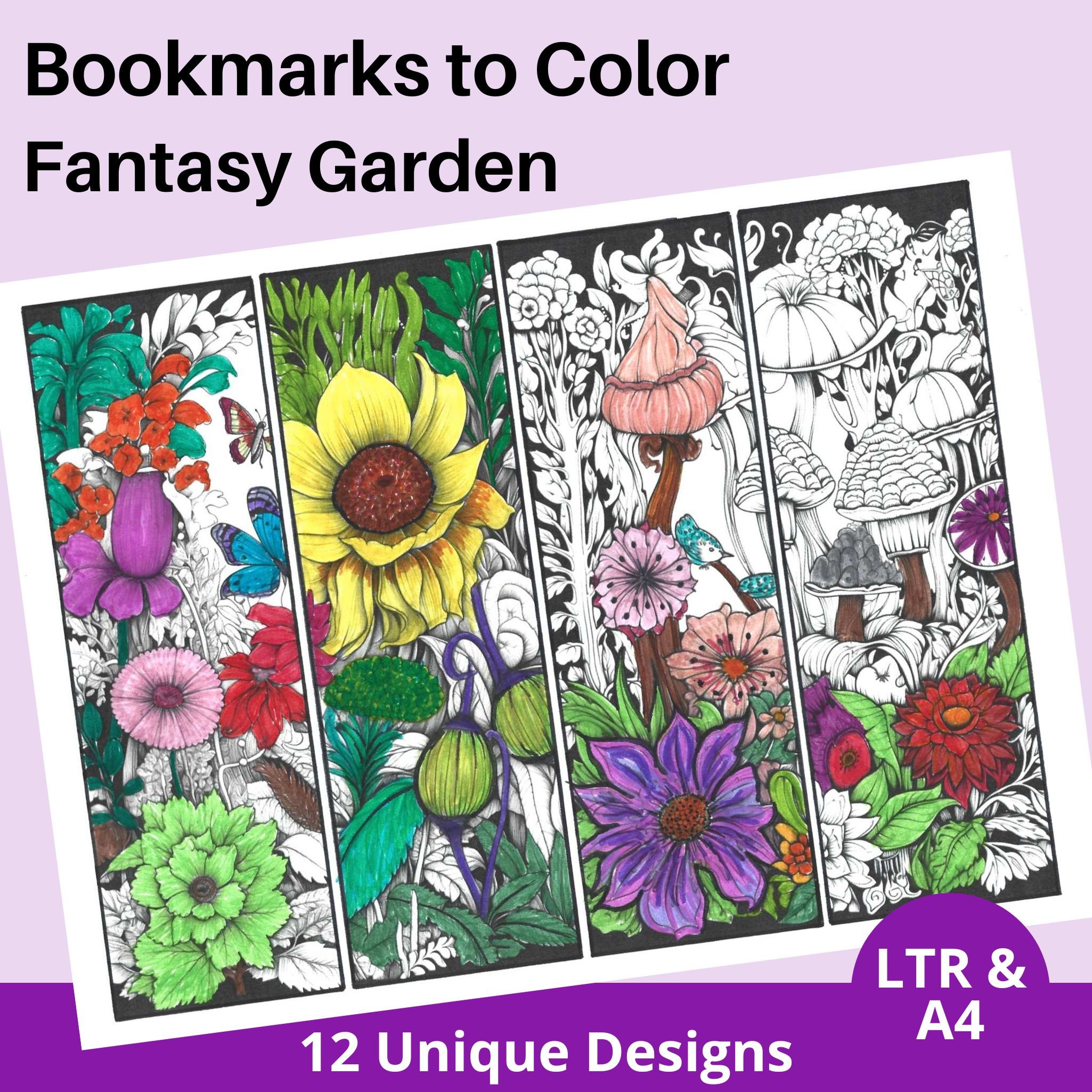 Coloring Bookmarks With FANTASY GARDEN Floral Theme. 12 - Etsy