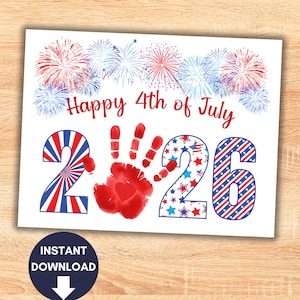 May include: A white card with a patriotic design for the 4th of July. The card features red, white, and blue fireworks, the text "Happy 4th of July", and the numbers "2026". The number "2" has a red and blue spiral design, the "0" is a red handprint, and the "26" has a red, white, and blue star and stripe design.