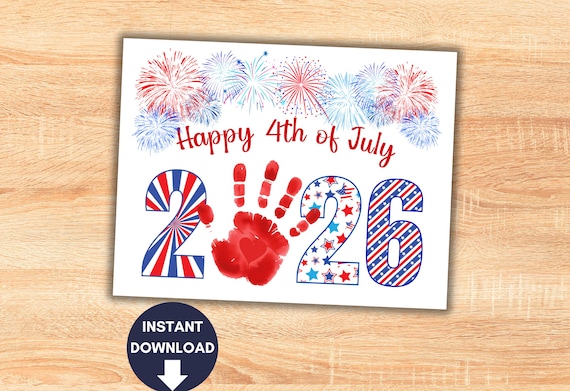 4th of July Handprint Craft Keepsake, Patriotic Fourth Handprint Art Activity 2026, Camp Crafts, Toddler Daycare PreK Preschool Printable