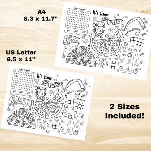 May include: A black and white printable activity sheet featuring a pizza theme. The sheet includes a word scramble, a maze, a tic-tac-toe game, and an I Spy game. The sheet is available in two sizes: 8.3 x 11.7 inches and 8.5 x 11 inches.