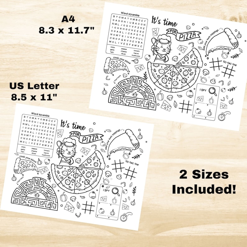 Coloring Placemats for Kids Pizza Party, Printable Restaurant Activity