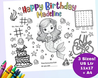 Personalized Coloring Placemat MERMAID BIRTHDAY | Custom Activity Sheet Birthday Party Coloring Page | Place mat for Kids to Color