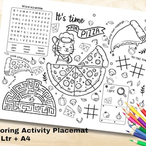 Coloring Placemats for Kids Pizza Party, Printable Restaurant Activity Sheet, Coloring Page Placemat with Colouring and Games, Party Favor