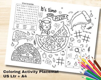 Tovagliette da colorare per bambini, festa della pizza, foglio di attività stampabile per ristoranti, tovaglietta da colorare con giochi e disegni da colorare, bomboniera per feste
