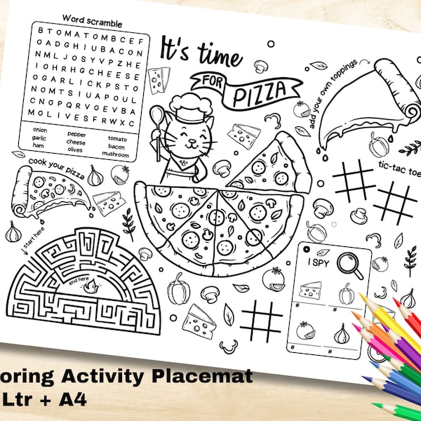 Coloring Placemats for Kids Pizza Party, Printable Restaurant Activity Sheet, Coloring Page Placemat with Colouring and Games, Party Favor