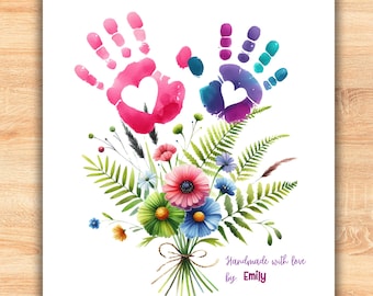 May include: Watercolor print featuring handprints with heart cutouts above a bouquet of flowers. The handprints are pink and purple, with a variety of colorful flowers and greenery. Text reads "Handmade with love by Emily."
