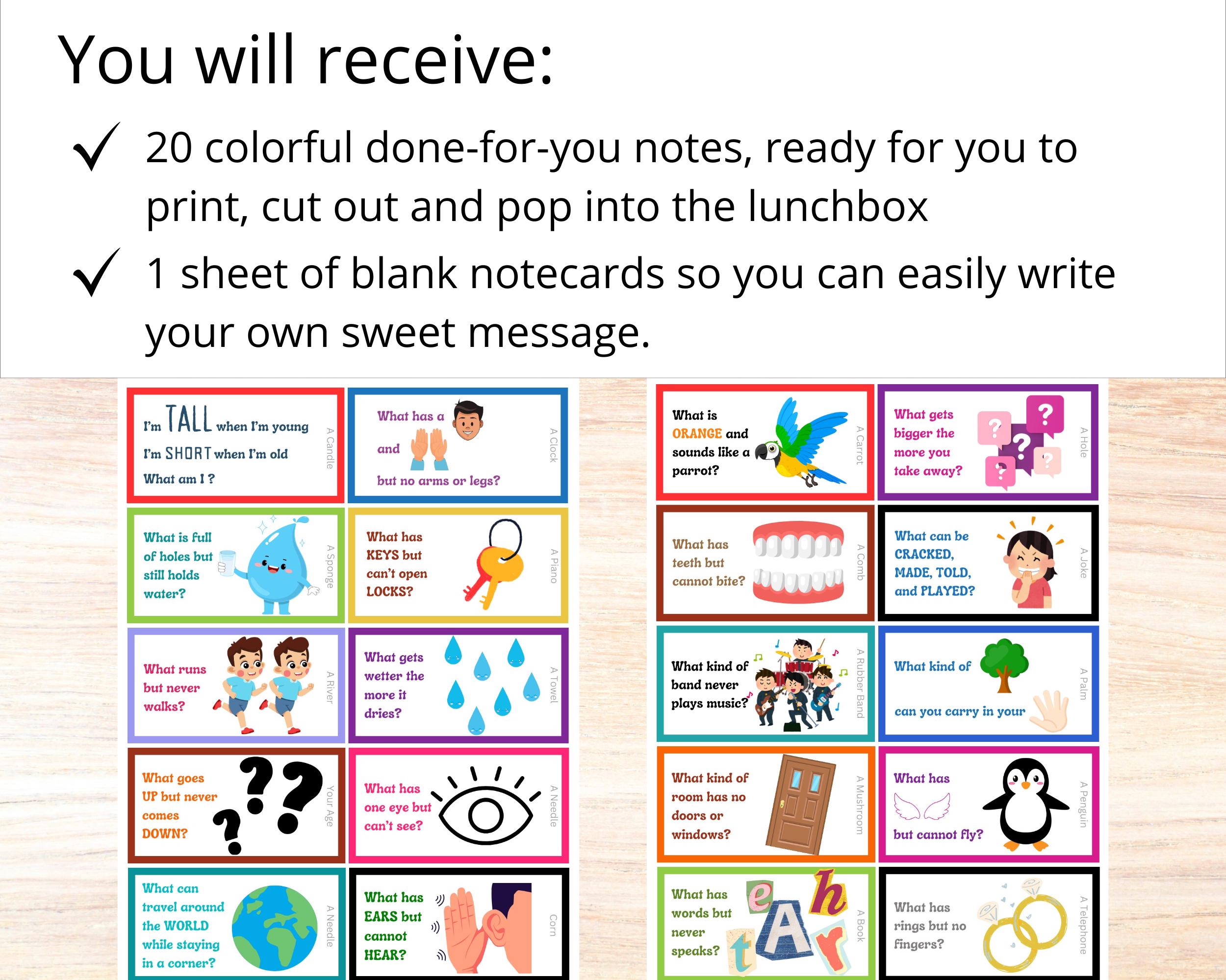 Lunch Box Riddles Pdf Riddles for Kids Lunchbox Notes With Answers, Lunch Box Note Cards for ...