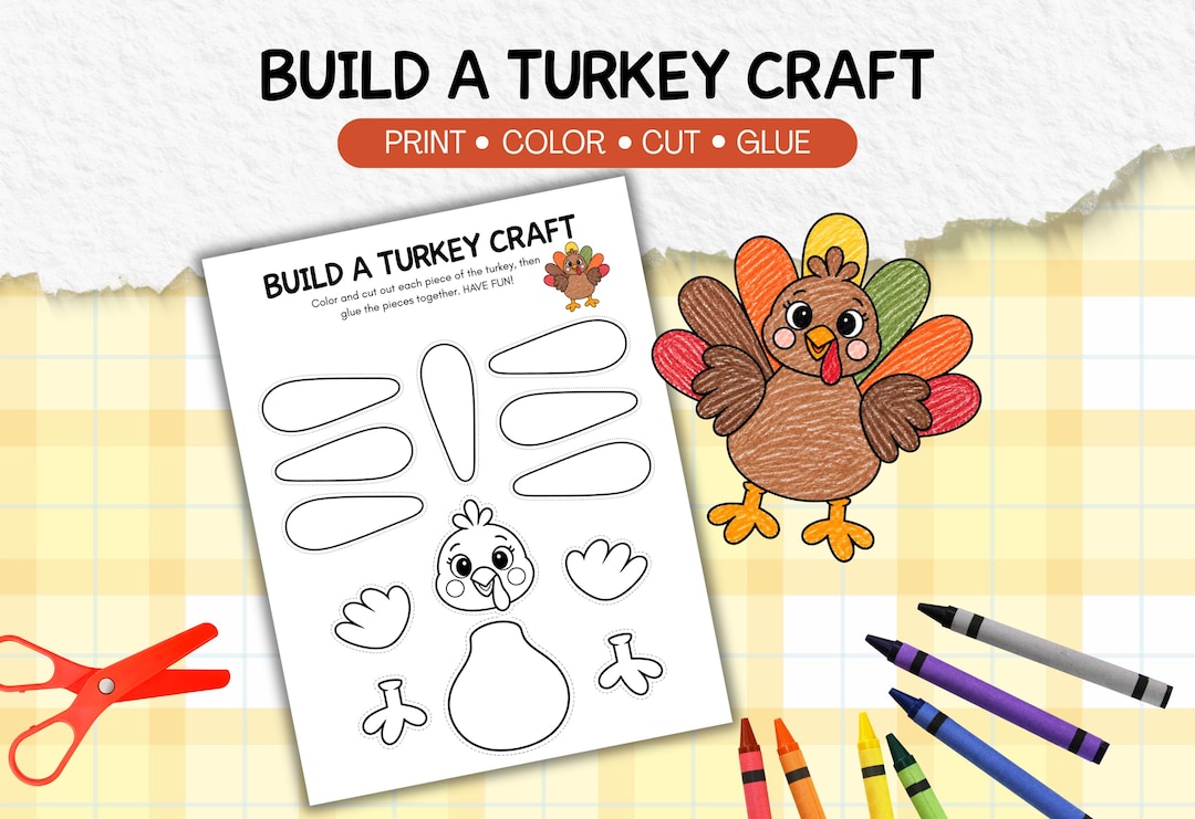 Build a Turkey Craft for Kids, Coloring Cut Paste Thanksgiving Activity ...