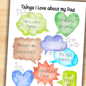 Dinge, die ich an DAD liebe Schreibaktivität für Kinder, Dankbarkeit unterrichten, Lerngeschenk für die Vatertagskarte, druckbare Ressourcen für die Vorschule