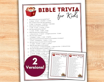 Kids Bible Trivia Quiz Game Printable, Questions and Answers, Christian Church Scripture Games Study, Family Reunion, Sunday School Activity