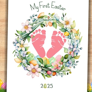 Ostern Handabdruck Handwerk Andenken, Babys erstes Jahr Kunst, Hand oder Fußabdruck Aktivität, 2025 Kranz Memento Wand Kunst Scrapbook Geschenkidee