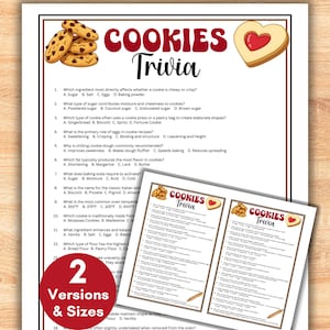 May include: A white sheet with the text "COOKIES Trivia" in red, along with cookie illustrations. The sheet includes trivia questions about cookies. A smaller version of the trivia sheet is also present, along with a red circle that says "2 Versions & Sizes."