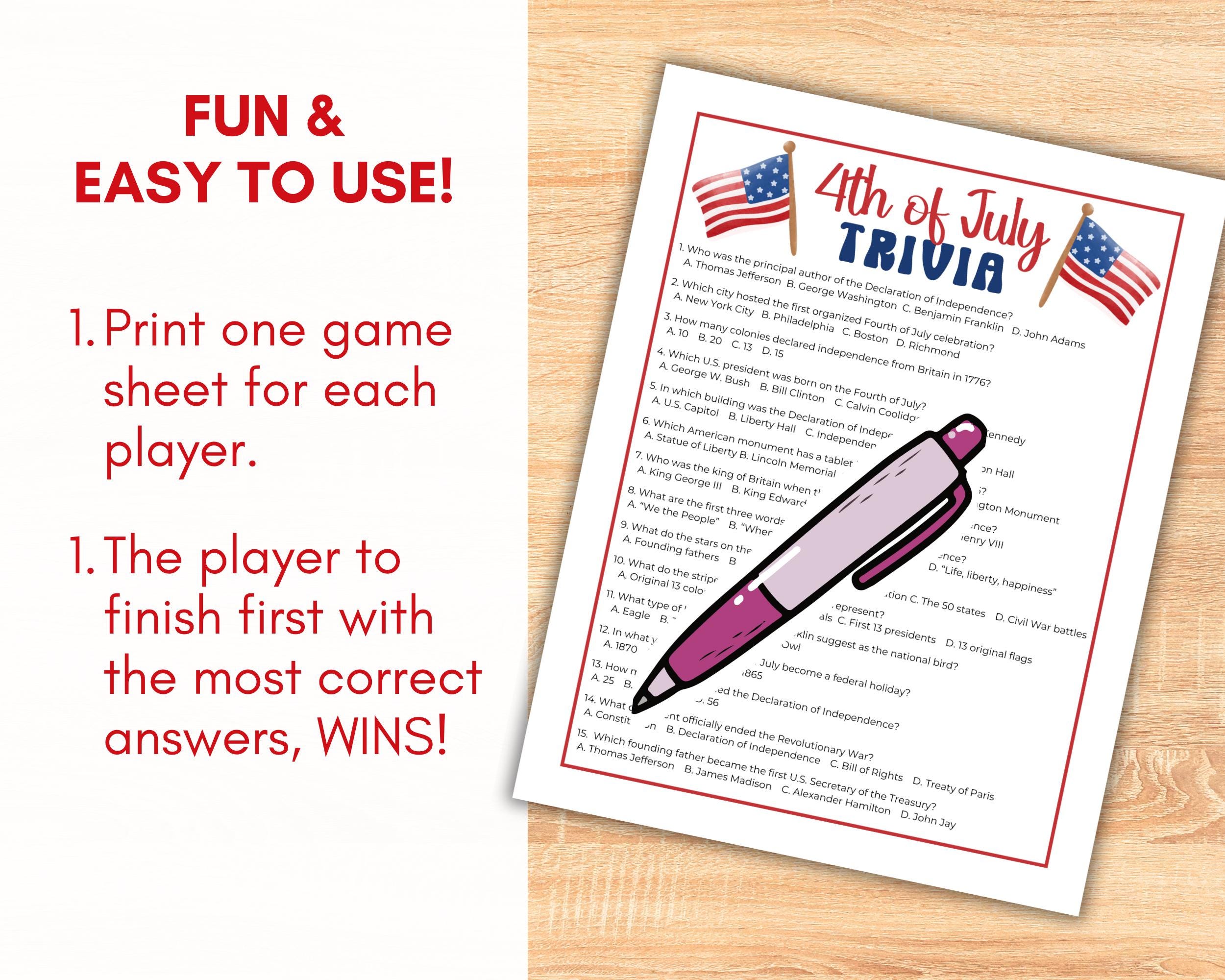 4th of July TRIVIA Game Printable, Quiz Challenge USA Facts ...