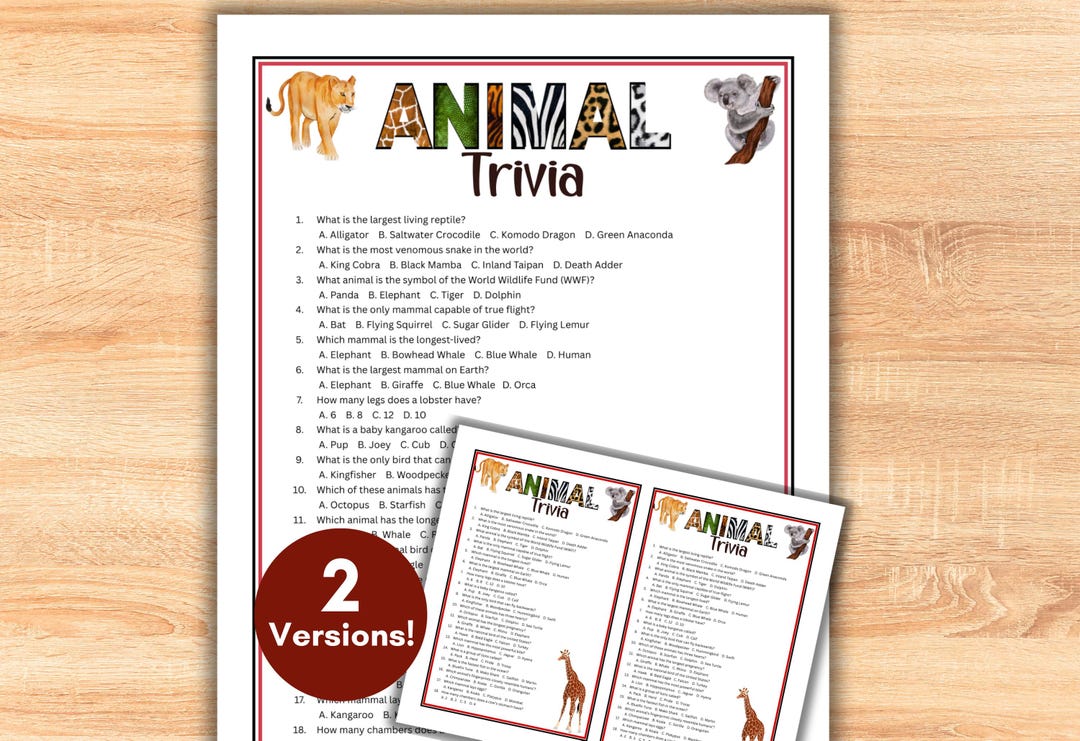 Animal Trivia Quiz Game Printable With Answers, Family Game Night, Pop ...