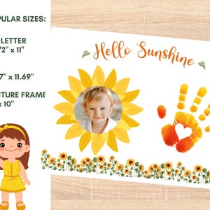 May include: A printable digital download for a Hello Sunshine themed baby or child's handprint art. The design features a yellow sunflower with a child's photo in the center, a red handprint with a heart, and a border of yellow sunflowers.