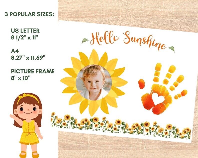 May include: A printable digital download for a Hello Sunshine themed baby or child's handprint art. The design features a yellow sunflower with a child's photo in the center, a red handprint with a heart, and a border of yellow sunflowers.