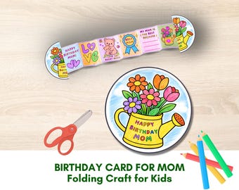 Mom Birthday Card Craft, Printable Floral Folding Activity for Kids
