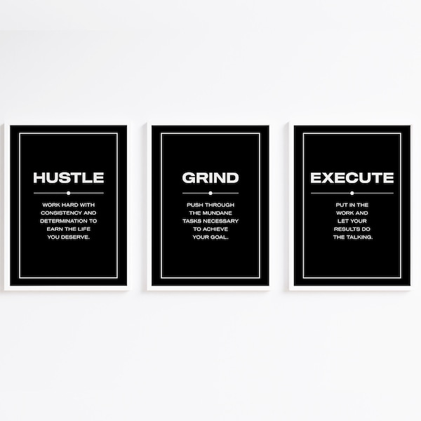 Hustle Grind execute Print-Set, Motivationszitate Poster, Unternehmer Wandkunst, druckbare Motivationsposter-Set, Inspirational Zitate