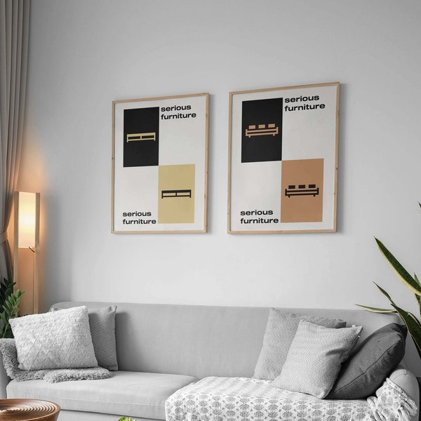 Furniture Typography Poster, 2 Piece Wall Art, Bauhaus Print, Livingroom Art, Modern Simple Art, Geometric Shapes Poster, Digital Download
