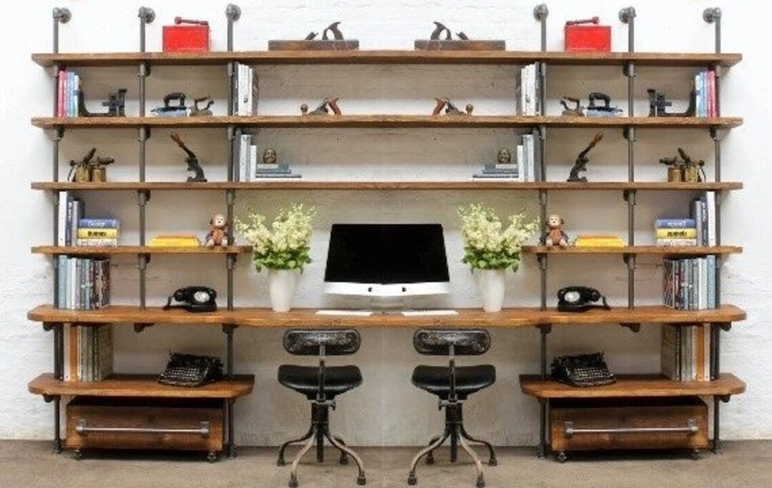 Rustic Wood & Iron Pipes Bookcase Computer Desktop/shelf 8 Solid Wood