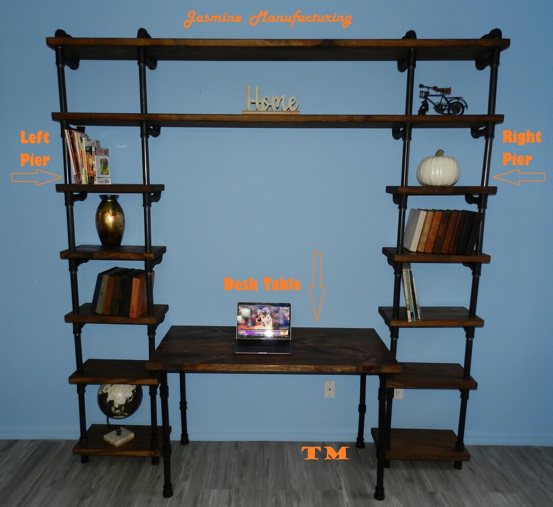 Rustic Wood & Iron Pipes Bookcase Computer Shelf/desktop 13 Wood Planks