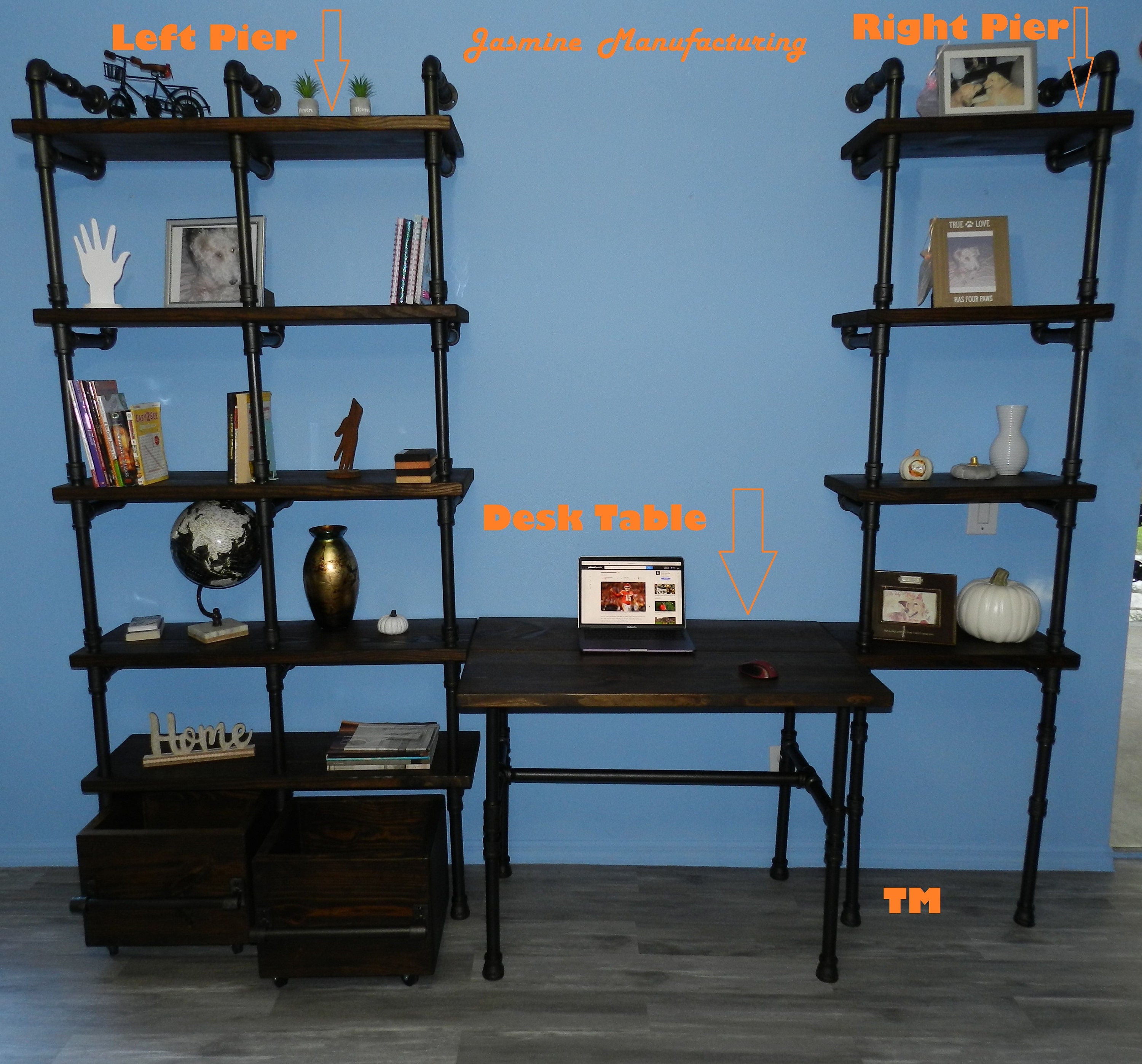 Bookcase Computer Shelf/desktop 11 Wood Planks, 2 Bottom Drawers