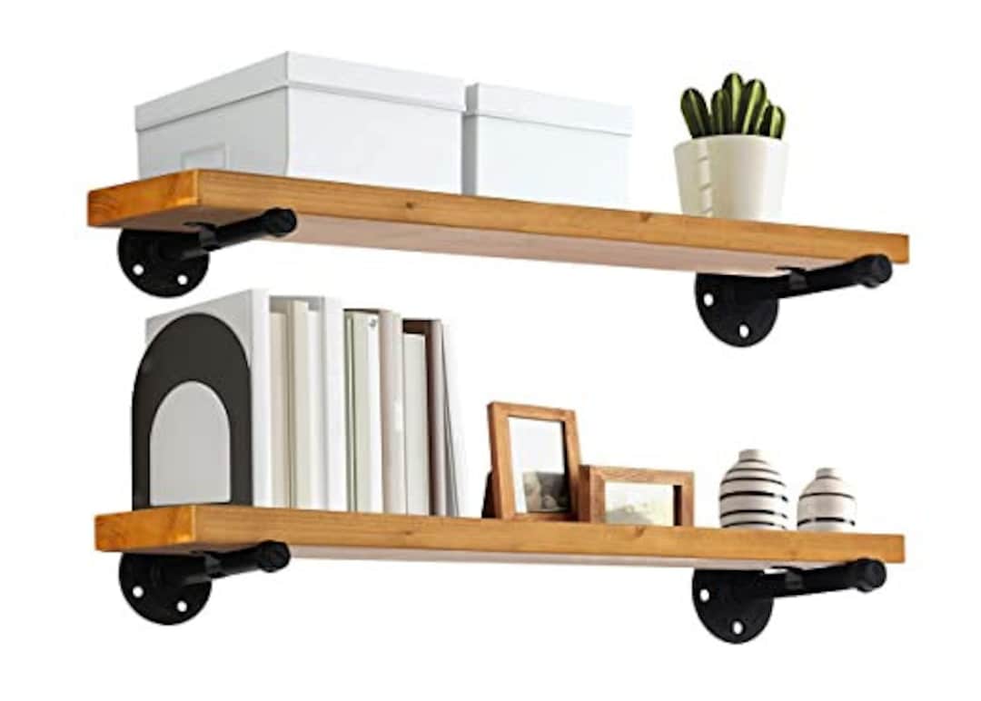 Industrial Pipe Wood Wall Shelf Wooden Shelving 5.3'' Depth Interior