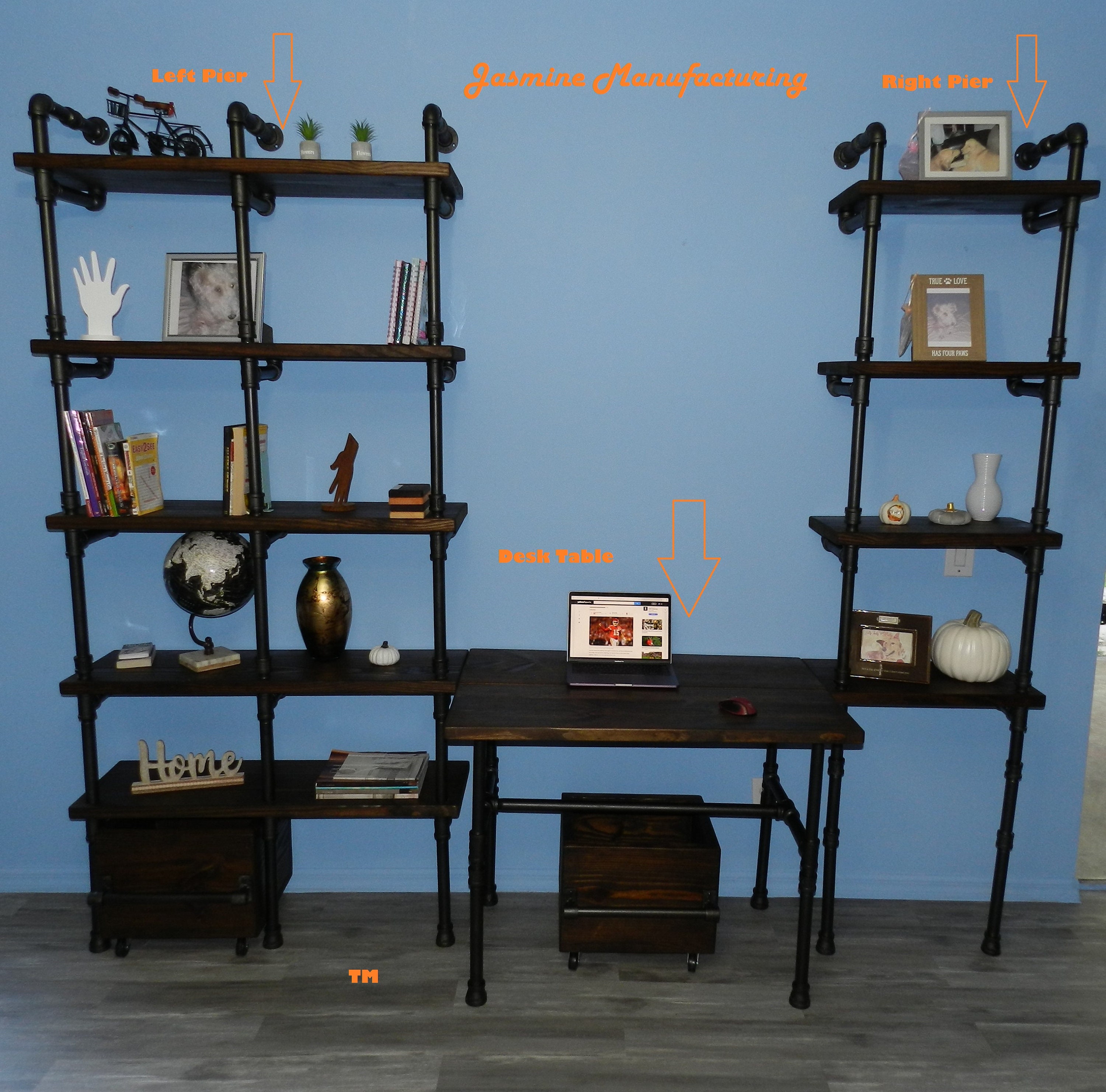 Bookcase Computer Shelf/desktop 11 Wood Planks, 2 Bottom Drawers