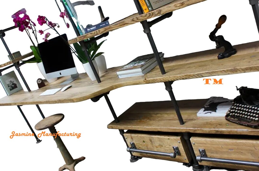 Bookcase Computer Shelf/desktop 8 Wood Planks, 2 Bottom Drawers Monuted