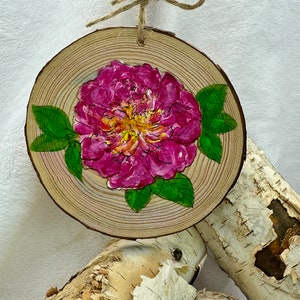 Peony flower, Rustic, Wood Slice, Christmas, Ornament, Hand Painted, Artwork, Unique Gift,  Nature,  pink flower.