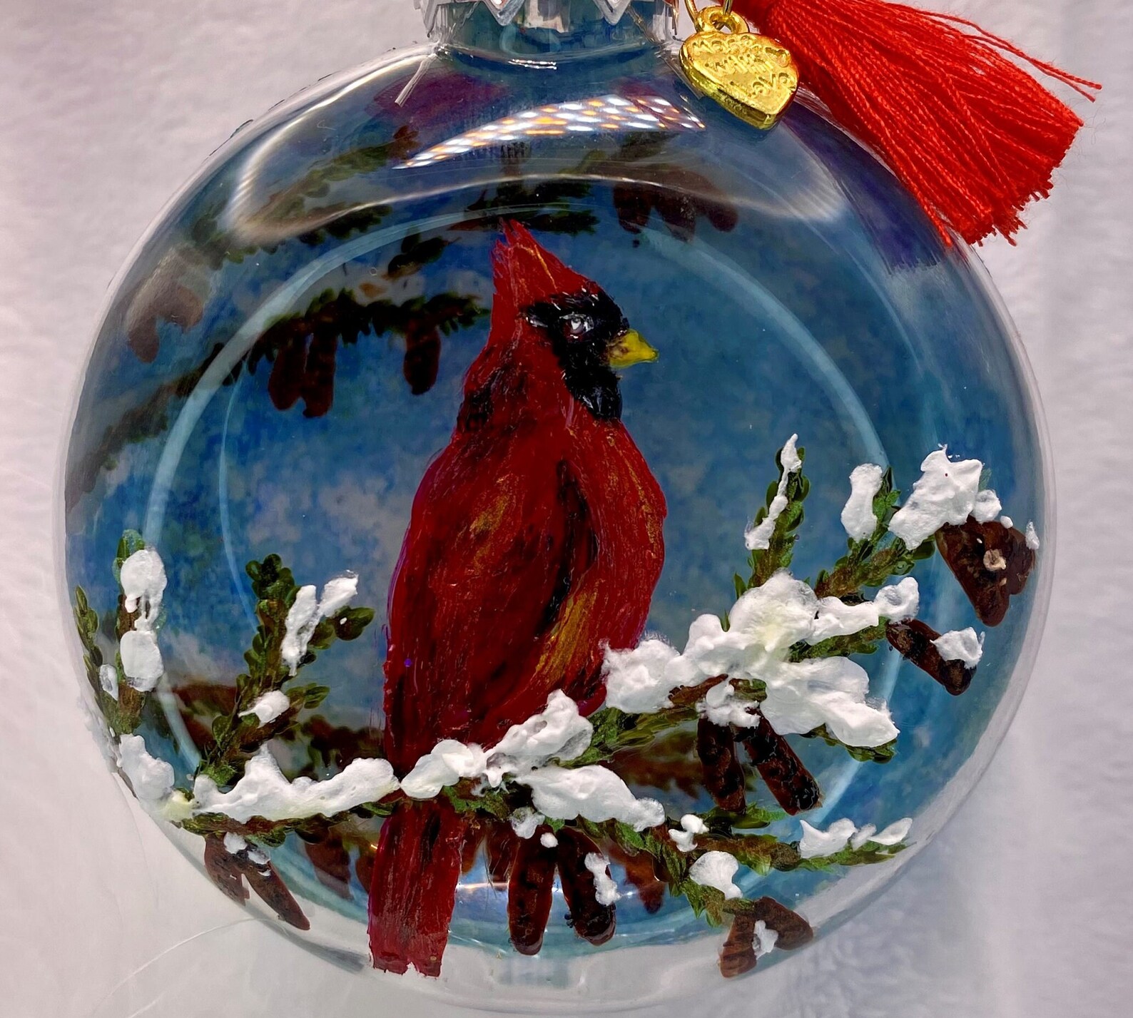 Cardinal 3D Effect Christmas Tree Ornament Hand Painted Winter Scene ...