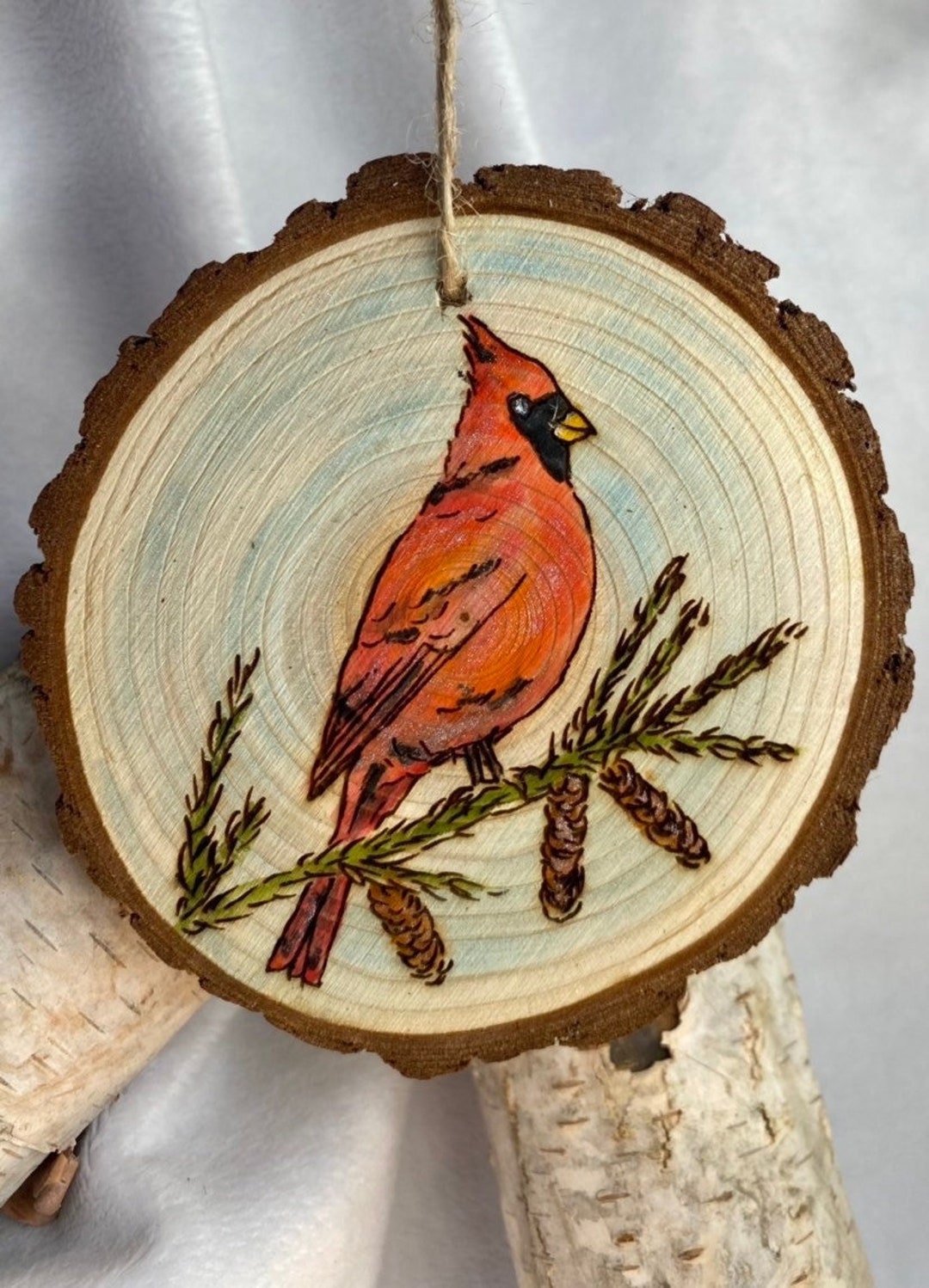 Hand-painted Cardinal Wood Slice Ornament: Rustic Winter Bird Art - Etsy