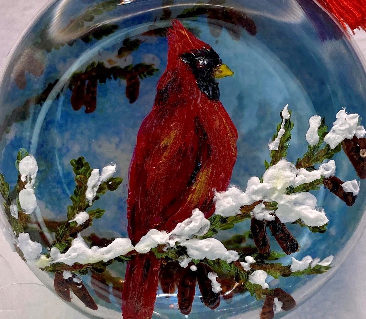 Cardinal 3D Effect Christmas Tree Ornament Hand Painted Winter Scene ...