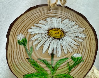 Flor de margarita, rústico, rodaja de madera, Navidad, adorno, pintado a mano, obra de arte, regalo único, naturaleza, amante de las flores.