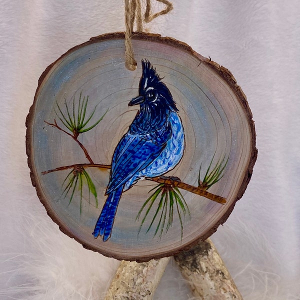 Steller’s Jay Rustic Wood Slice  Christmas Tree Ornament Hand Painted Artwork Winter Pine Branch Unique Gift  Nature Bird Collector