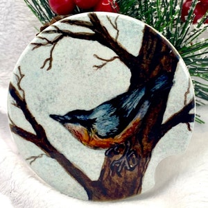 Kleiber, Keramik-Auto-Untersetzer, Sublimation von Original-Aquarell, Ästen, einzigartigem Geschenk-Natur-Vogel-Sammler, Vogel-Auto-Untersetzer.