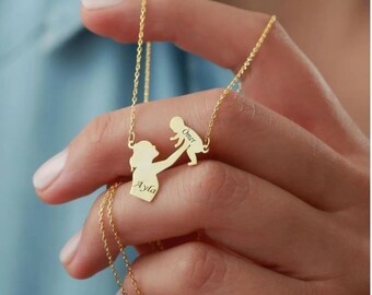 Mother and Baby Necklace 925 Silver – Personalized Name Jewelry Gift for Mom with Child Silhouette – Custom Minimalist Pendant