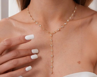 Crystal Y Chain Necklace 925 Sterling Silver Layered Gold Body Jewelry Delicate Lariat Drop Necklace Gift for Her Bridal Jewelry