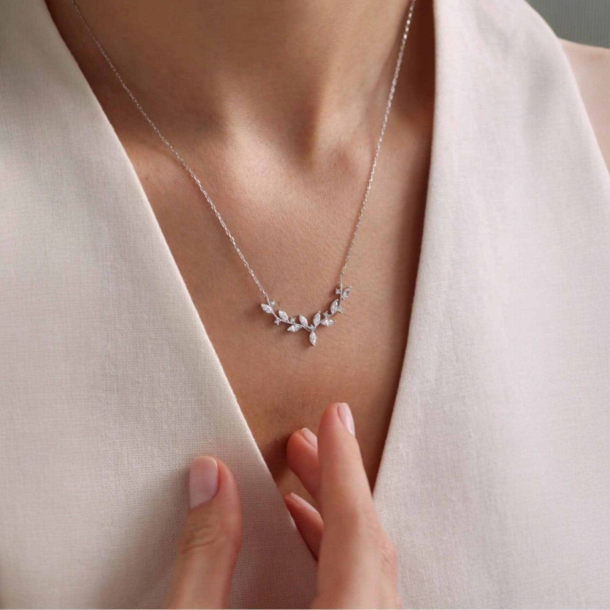 Leaf Vine Necklace 925 Sterling Silver Rhodium Plated Delicate Botanical Branch Jewelry Nature Inspired Wedding Bridal Gift