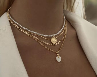 Layered Pearl Heart Necklace 925 Sterling Silver Multi Chain Pendant Necklace Set Coin Charm Jewelry Gift for Women