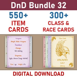 DnD Equipment Cards Digital Download, Printable DnD Item Cards Bundle, Dungeons and Dragons Class Ability Cards, DnD Race Ability Cards