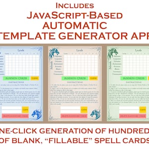 Puede incluir: Un producto digital con tres plantillas de cartas de hechizos. Cada carta presenta una cuadr&iacute;cula para niveles y escuelas, con instrucciones y botones para invocar y borrar. El texto incluye "JavaScript-Based Automatic Template Generator App."