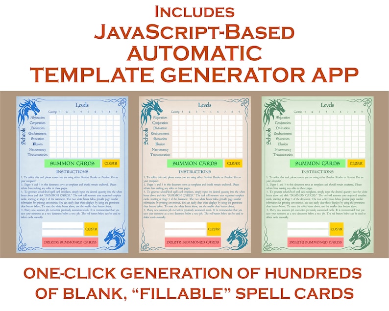Puede incluir: Un producto digital con tres plantillas de cartas de hechizos. Cada carta presenta una cuadr&iacute;cula para niveles y escuelas, con instrucciones y botones para invocar y borrar. El texto incluye "JavaScript-Based Automatic Template Generator App."