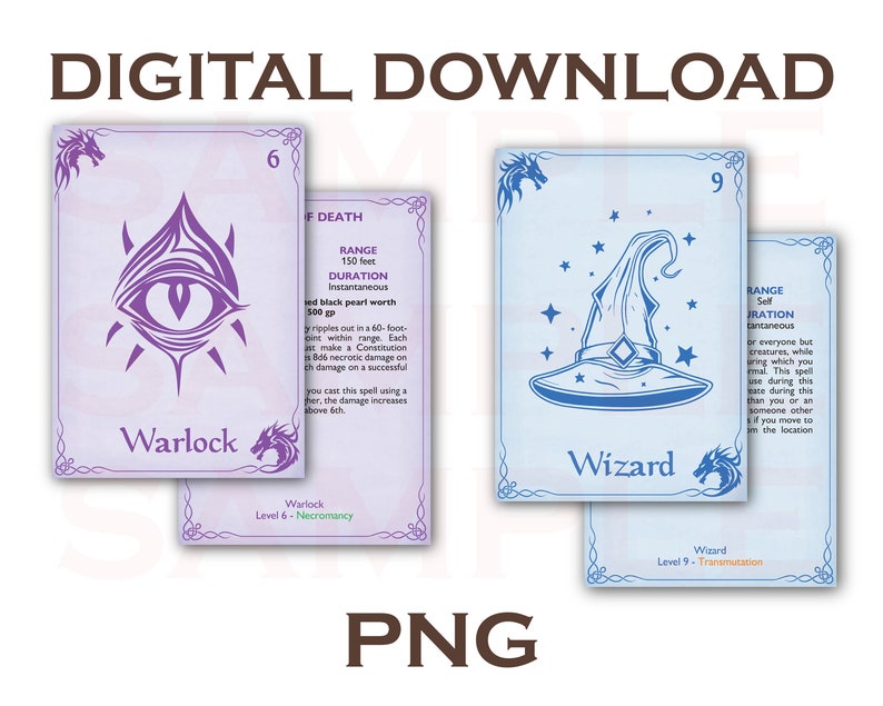 Puede incluir: Descarga digital de dos cartas de fantas&iacute;a. Una carta presenta un dise&ntilde;o de ojo p&uacute;rpura y la palabra "Warlock". La otra carta muestra un sombrero de mago azul y la palabra "Wizard". Ambas cartas tienen bordes decorativos y texto.
