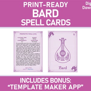Puede incluir: Cartas de hechizos imprimibles para la clase Bardo en Dungeons and Dragons. Las cartas presentan un diseño morado y blanco con un laúd y la palabra "Bardo" en una fuente decorativa. El texto "Incluye Bonus: "Aplicación de creación de plantillas" también está incluido.