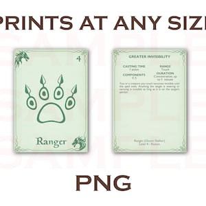 Puede incluir: Tarjeta de doble cara con una huella de pata verde y la palabra "Ranger" en un lado. El otro lado detalla el hechizo "Greater Invisibility". Los textos "PRINTS AT ANY SIZE" y "PNG" tambi&eacute;n son visibles.